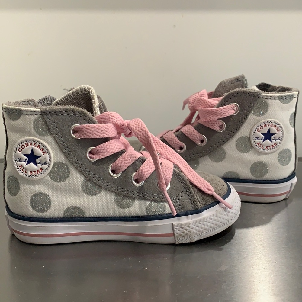 Converse sneakers pink & silver sparkly dots. Zip up side. Worn once